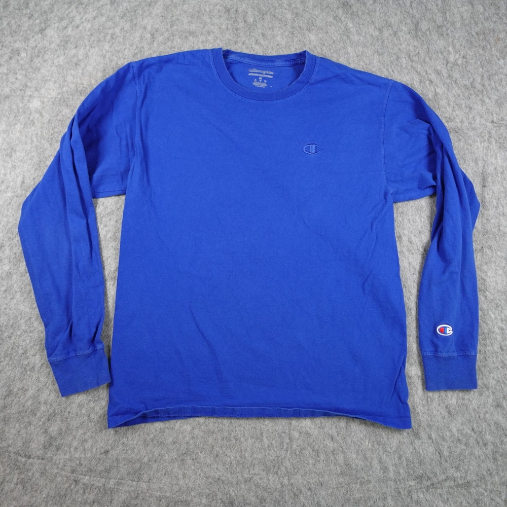 Champion Shirt Mens Medium Blue Long Sleeve Crew Neck Embroidered Logo Cotton